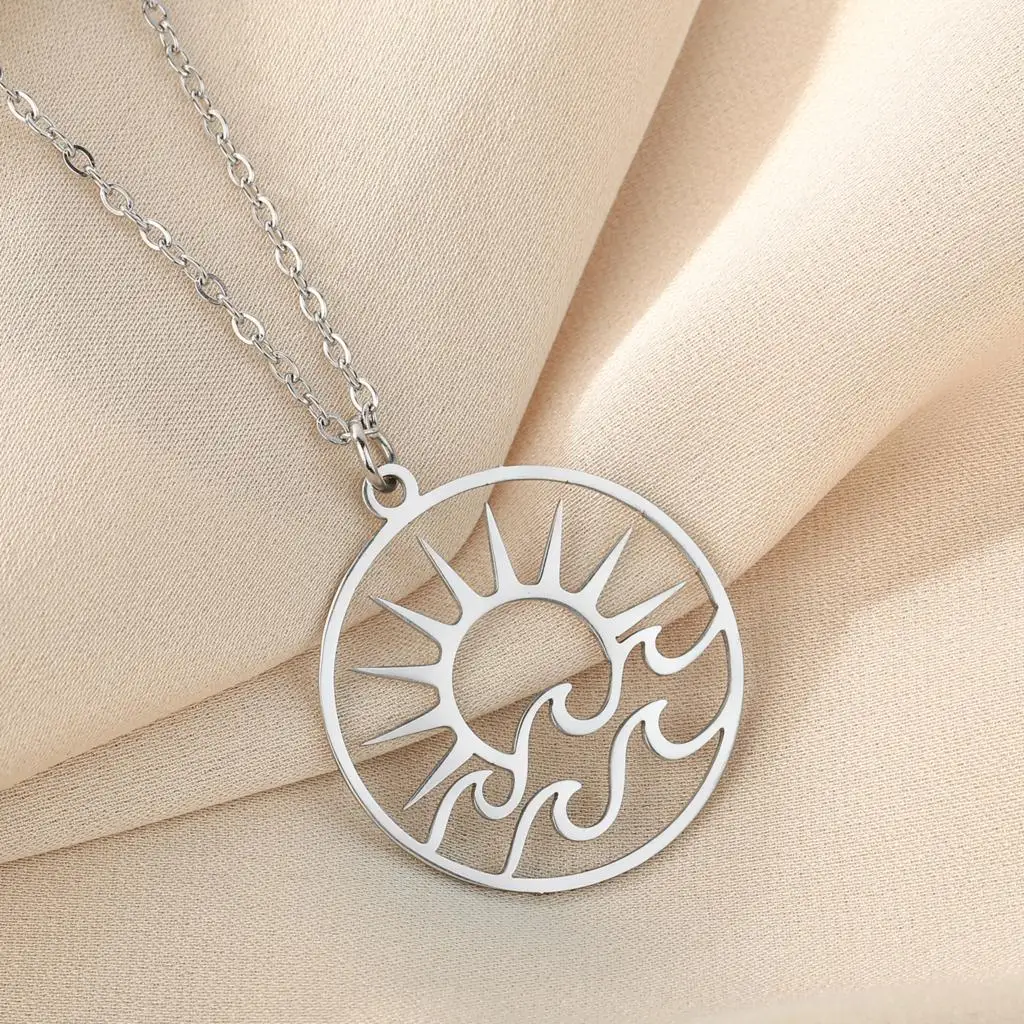 Kinitial Exquisite Fashion Earrings Openwork Sun Pendant with Waves Openwork Sun and Waves Necklace Birthday Gift for Lovers