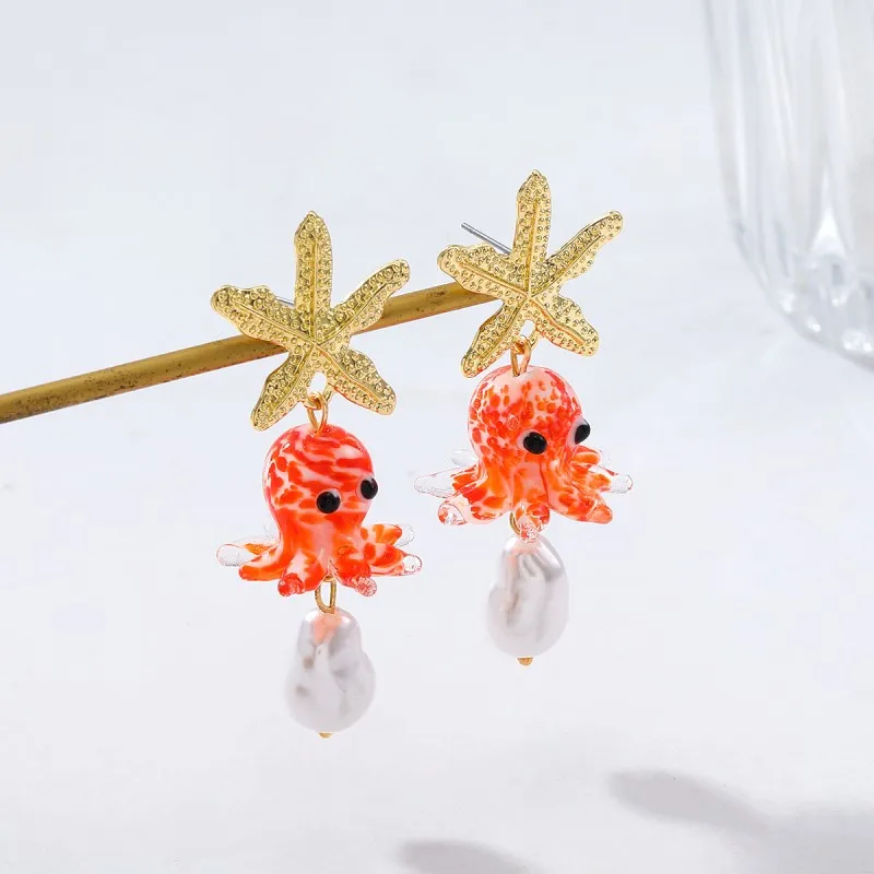 Cute Octopus Earrings Creative Glass Octopus Long Drop Earrings Unqiue Marine Series Design Earrings Wholesale Custom Packaging