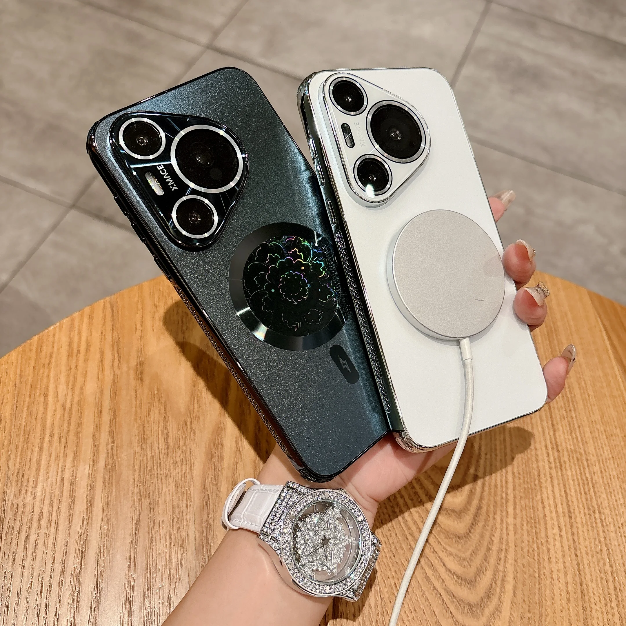 

Luxury Laser Floral Wireless Charging Magnetic Phone Case For Huawei Pura 70 Pro, Slim Built-in Glass Camera Protection Cover