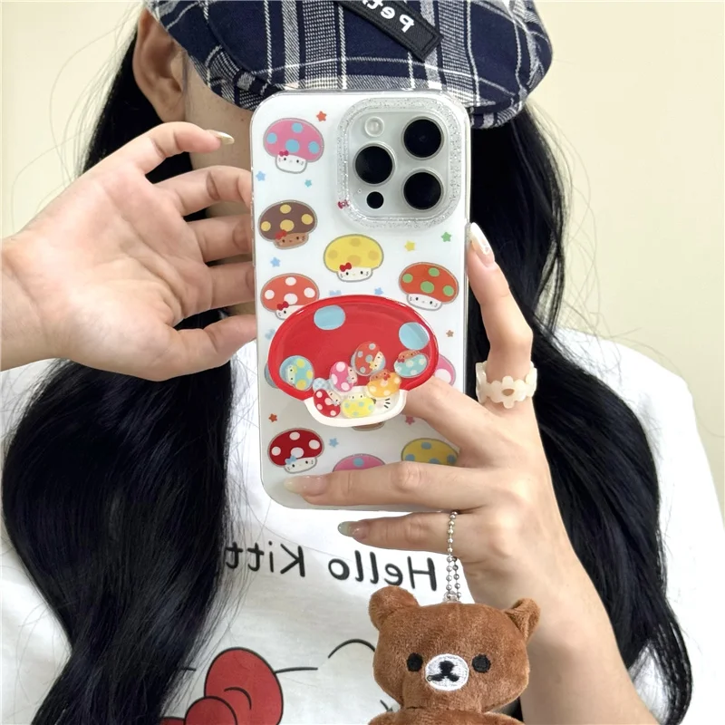 

Korean Cute Mushroom Hellokitty Phone Case For iPhone 16 Pro 14 15 Pro Max Cover with Holder Cartoon Cases Funda