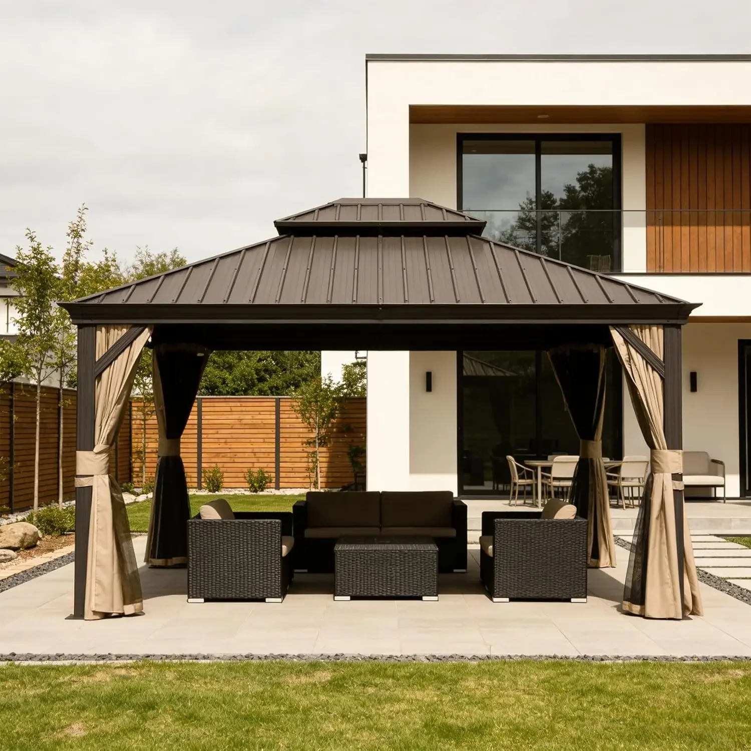 ！@11 X 13FT Outdoor Metal Gazebo, Hardtop Gazebo with Galvanized Steel Double Roof and Drainage, Curtains & Netting, Brown