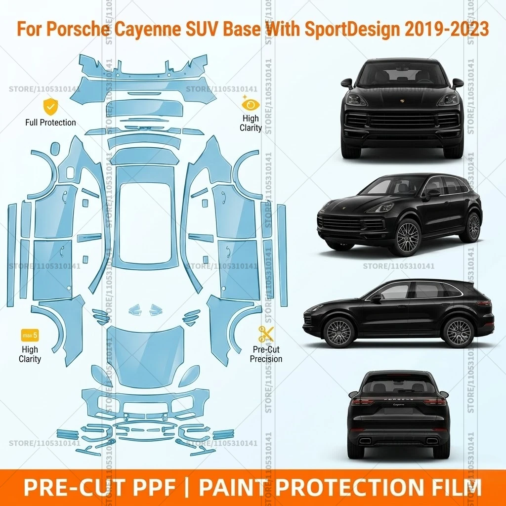 

Предварительно нарезанная защитная пленка PPF, прозрачная пленка для бампера, прозрачная защитная пленка для автомобиля Porsche Cayenne SUV Base с дизайном Sport, 2019-2023 гг.