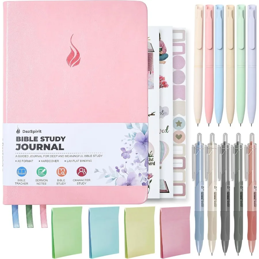 성경 공부 저널 세트 기독교 성경 공부 키트 (가이드형 A5 저널, 펜 11개, 스티커 메모 및 스티커, 묵상, 신앙 기반 선물 포함)