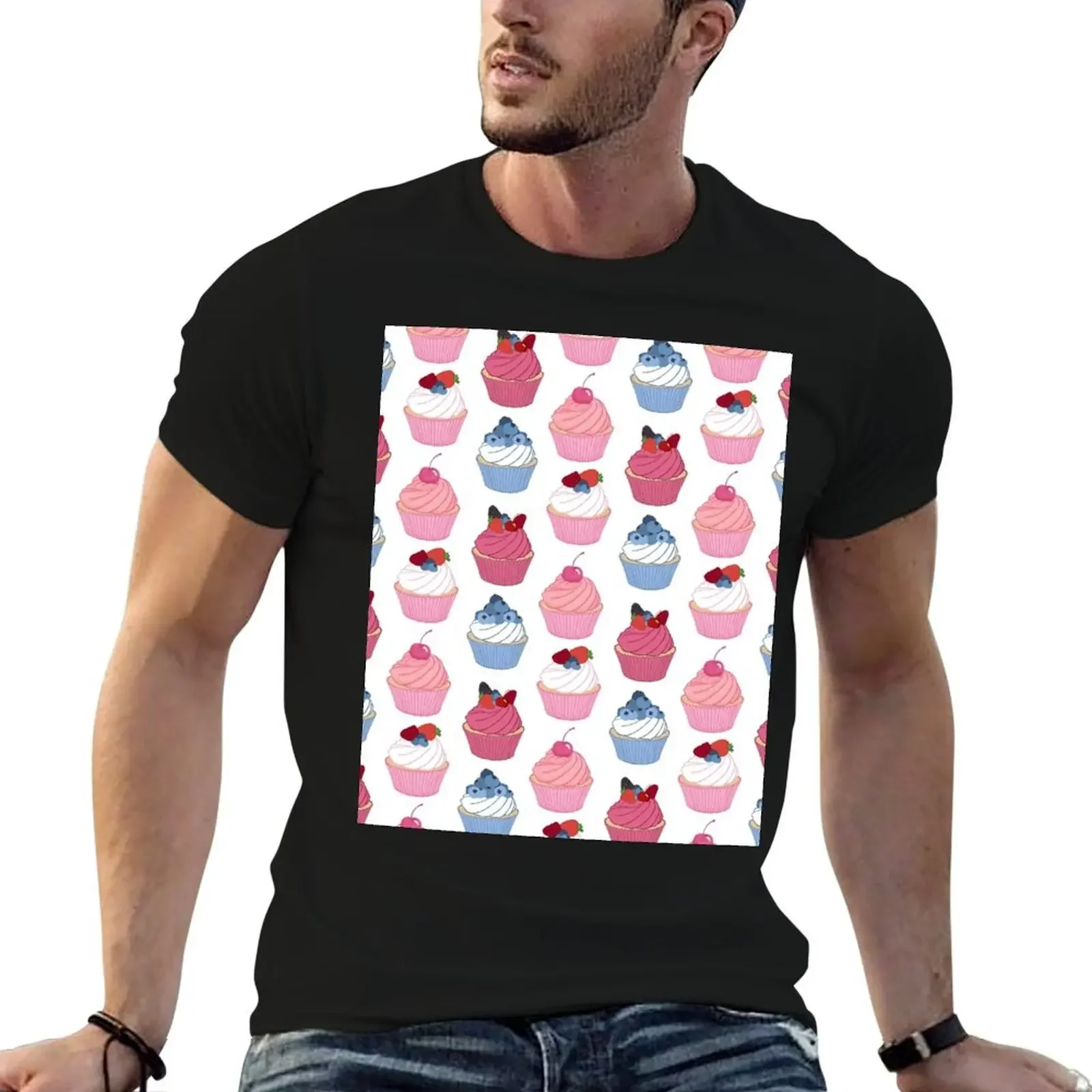 Cupcake flavoured pattern Cherry, Strawberry, Blueberry and Raspberry Fancy Cupcakes T-Shirt quick drying mens workout shirts