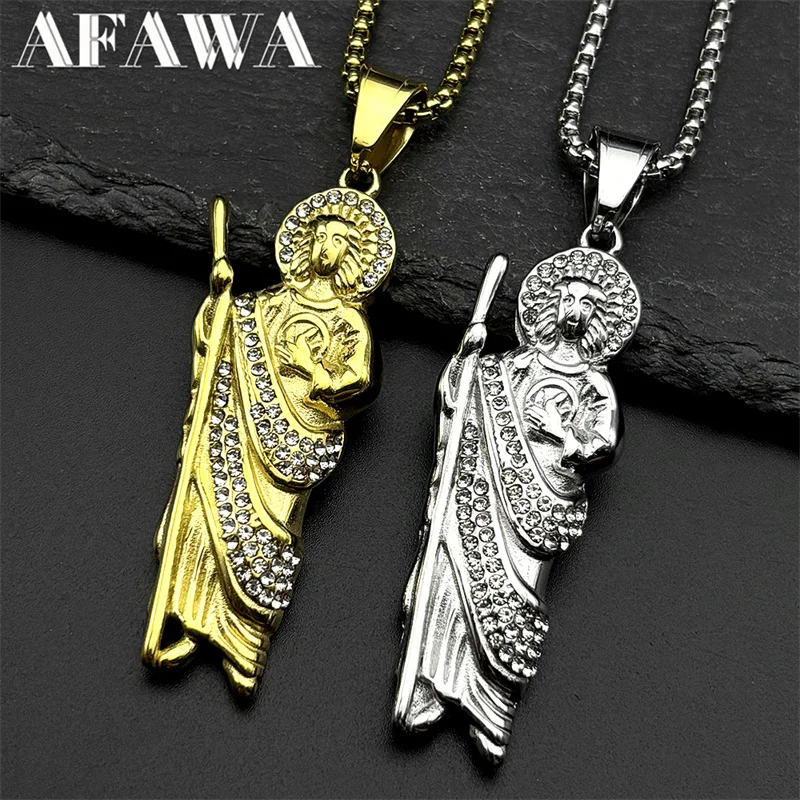 

San Judas Tadeo Rhinestones Necklace Religion Pendant Stainless Steel Chain Saint Jude Thaddeus Necklaces Jewelry Party Gift