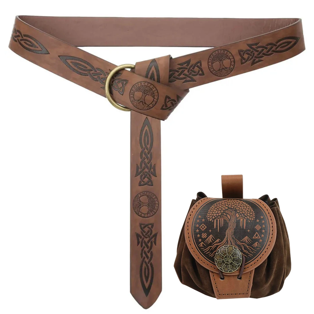 Vintage Sword Embossing Leather Belt Tree of Life Patterned Drawstring Coin Purse Medieval Festival Costume Accessories