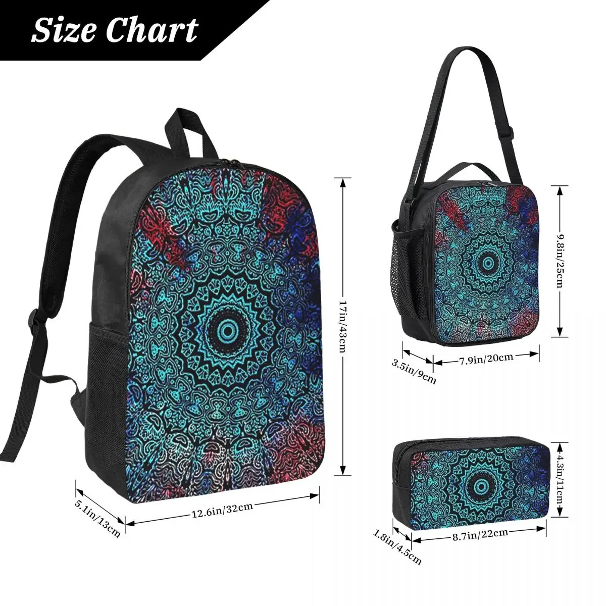 Bohemian Passion Mandala Zen Yoga Meditation Backpack BookBag School Bag Shoulder Bags 3ps Insulated Lunch Bag Pencil Case