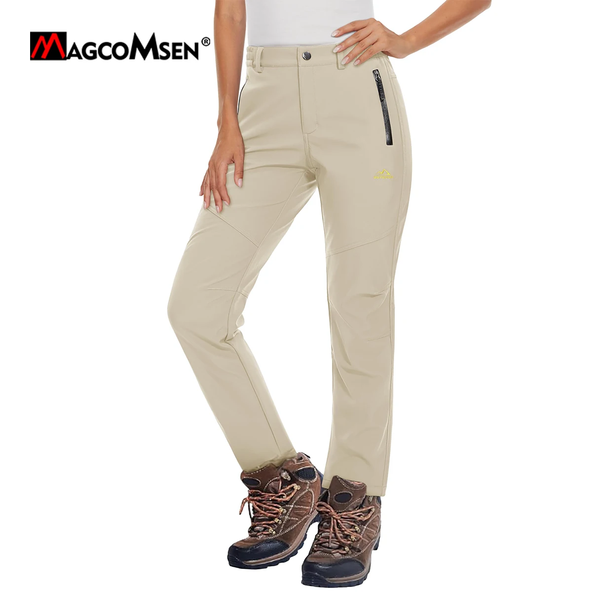 MAGCOMSEN Beige Women's Pants Fleece Lined Waterproof Soft Shell Straight Fall Winter Warm Snow Ski Hiking Pants