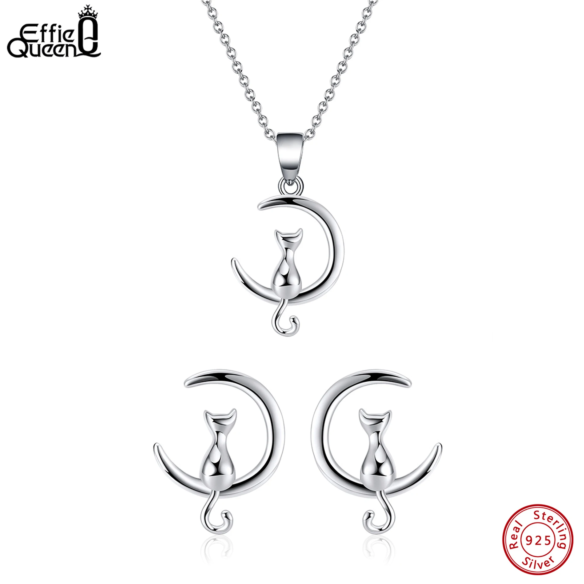 EFFIE QUEEN Delicate 925 Sterling Silver Cute Mooncat Pendant Necklace for Women Elegant Jewelry Animal Necklaces Present SN271