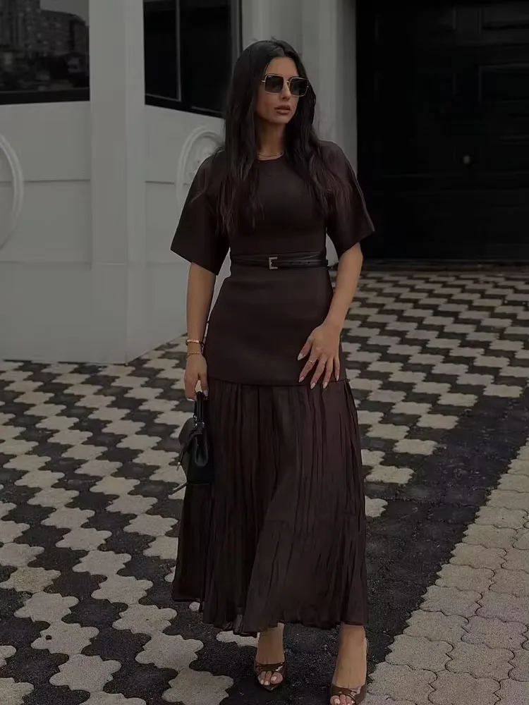 HH Vrouwen Elegante Halve Mouwen O-kraag Geplooide Jurk Lente Vrouw Achterrits Splitsen Vintage Casual Gebreide Lange Jurk - afbeelding 2