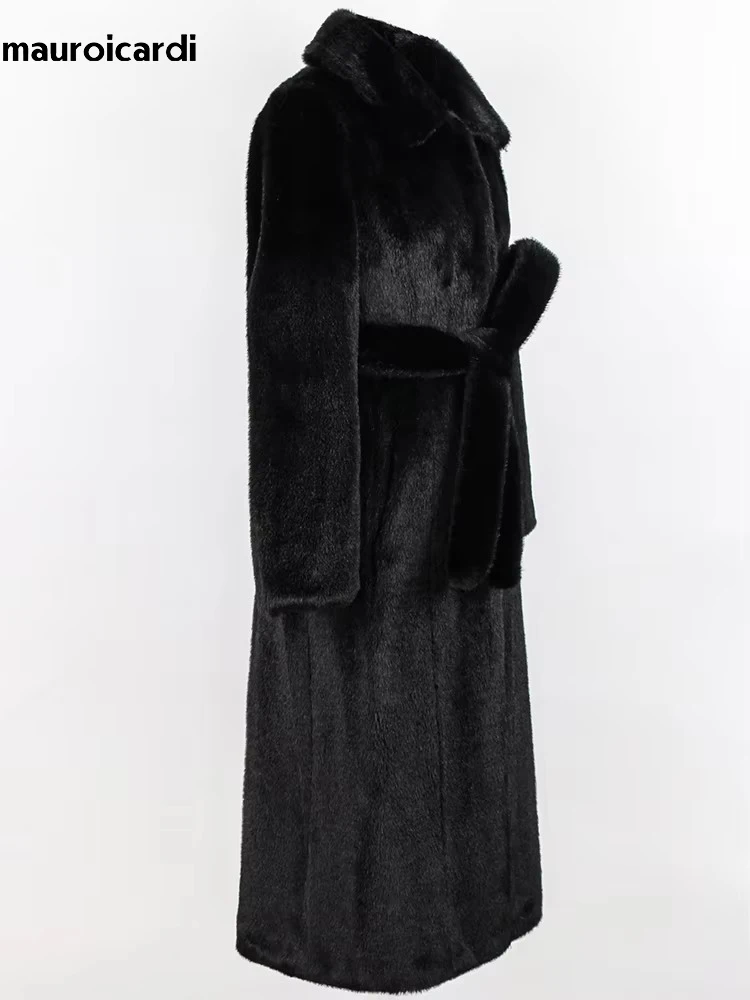 Mauroicardi Autumn Winter Long Black Fitted Thick Warm Soft Faux Mink Fur Coat Women Sashes Elegant Luxury Fluffy Furry Overcoat