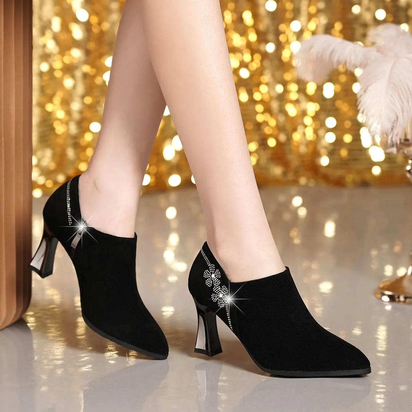 Simple pointed diamond flower delicate high-heeled deep-mouth single shoes