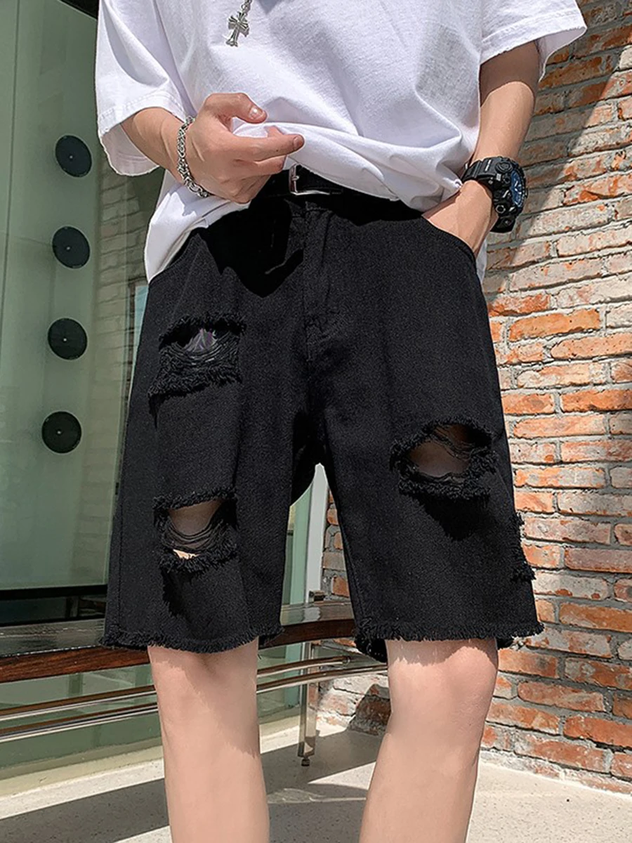 

Мужские джинсовые шорты с рваным краем и дырками, летние, в американском уличном стиле, из хлопка и полиэстера, средней длины.