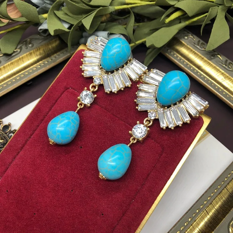 

Turquoise Square Diamond Earrings Retro Style Jewelry High Design Temperament Elegant Versatile Earrings Women