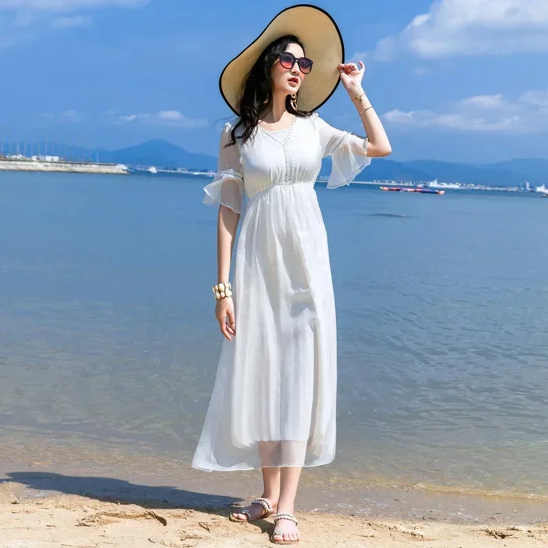 100% Tcyeek Mulberry Real es per le donne 2024 New Slim Long White Female Bohemia Holiday Tourism Beach Dress Vestidos