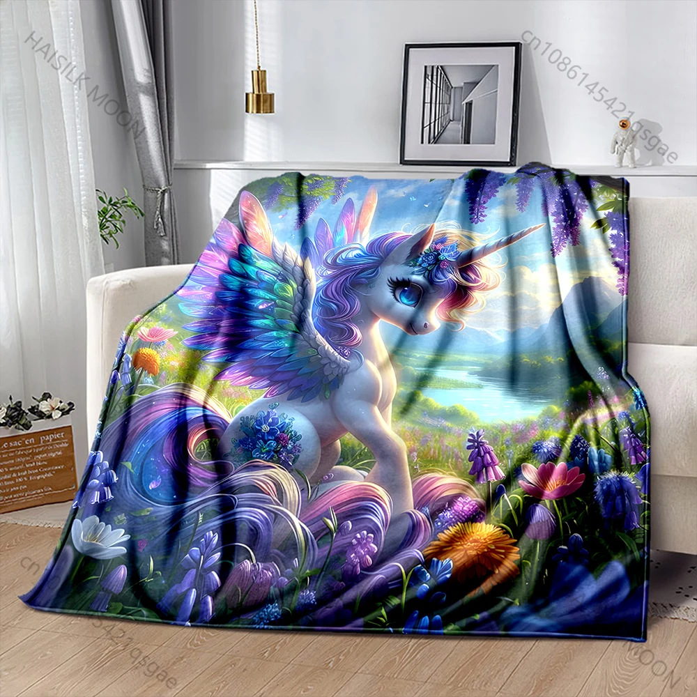 1PC Unicorn with Wings Flowers Blanket Flannel Material Soft Warm for All Seasons, Home Outdoor Camping Picnics Luxury Gifts