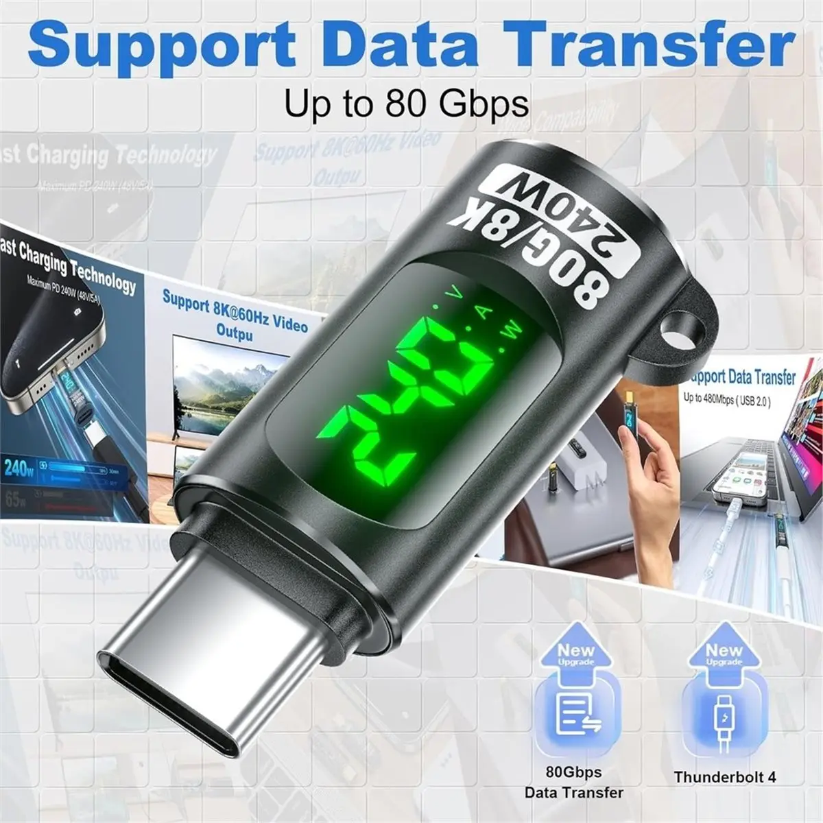 (A99Z] 240W USB C Adapter Power Meter Tester - Voltage Current Power LED Display,Type C Male to Female Extension Connector,3PCS
