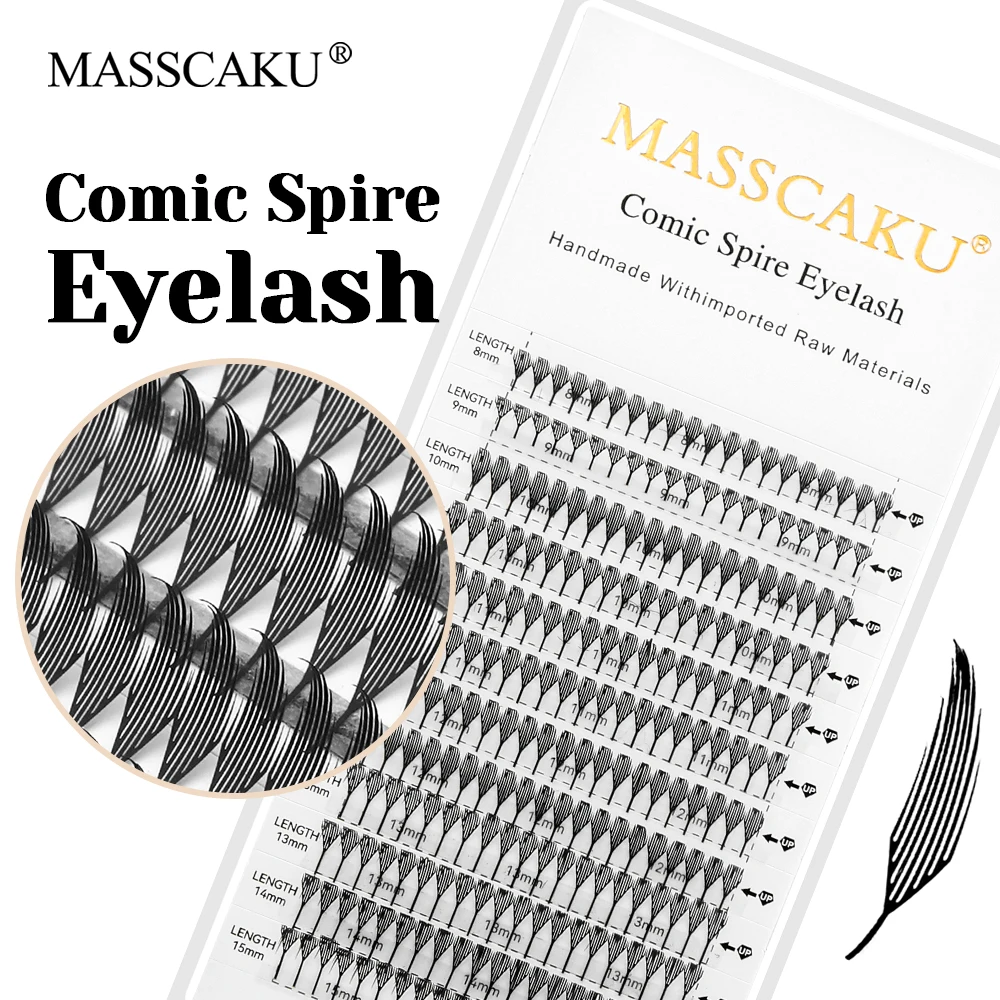 Hot Sale MASSCAKU Faux Mink Feather Shape Manga Anime Style Lashes 0.05mm Thickness Fluffy Premade Fans Comic Spire Lash Bundles