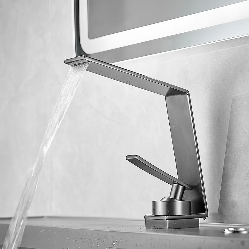 Waterfall Hot/Cold Brushed Gold Faucet for Sink Basin Stainless Steel Faucet for Bathroom Undermount Basin Home Use