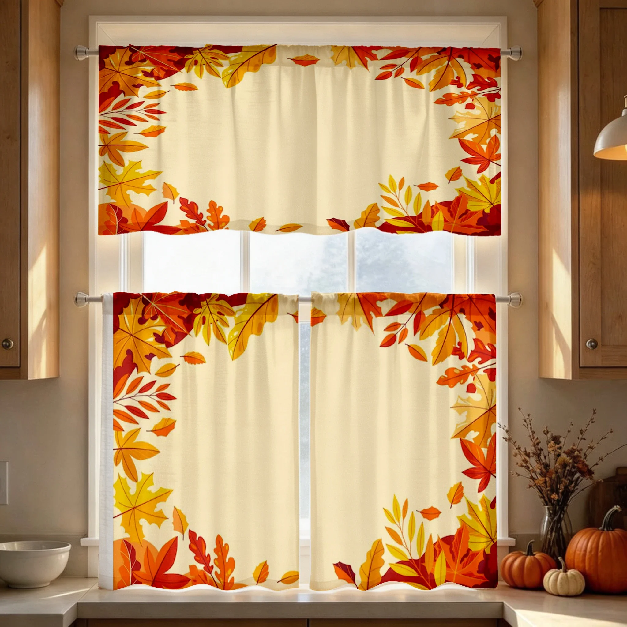 Thanksgiving Fall Kitchen Curtains, Maple Leaf Frame, Digital Print, Kitchen Dining Room, Rod Pocket Polyester, Home Decor