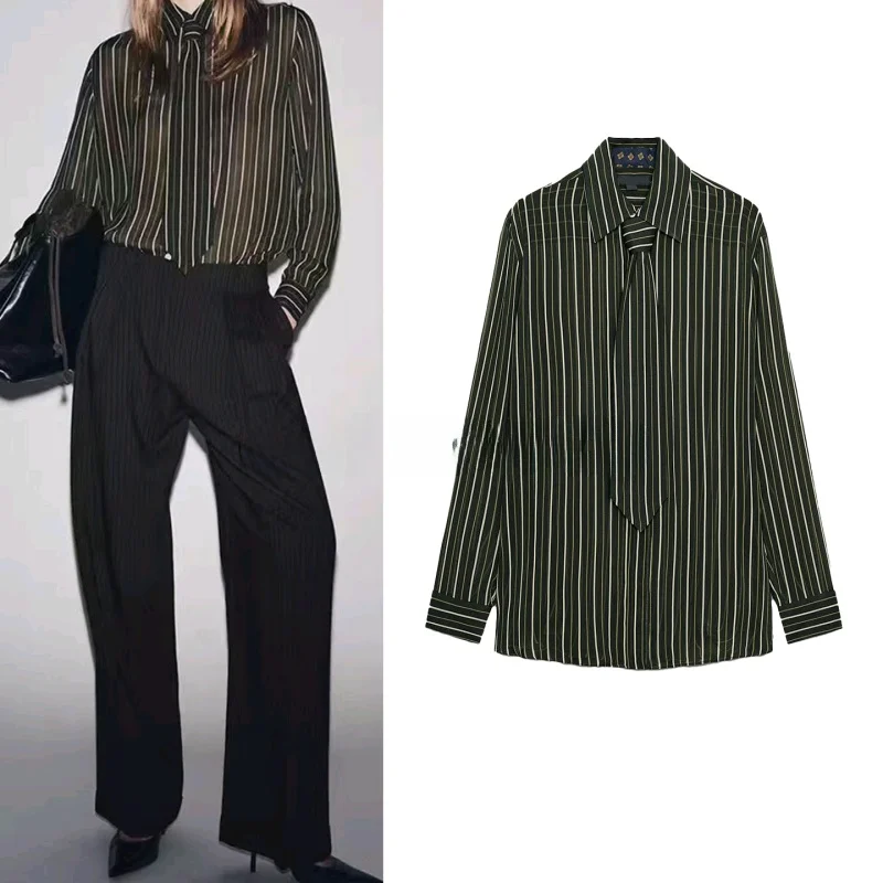 

Autumn Winter Women's Straight Leg Shirt Long Sleeve Turn-down Collar Striped Tie Waist Top Skin-friendly Breathable Polyester