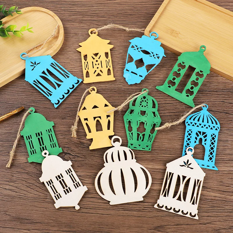 

12PCS EID Mubarak Lantern Wooden Chip with Jute Twine Ramadan Kareem DIY Unfinished Paintable Pendant Home Decoration Gift
