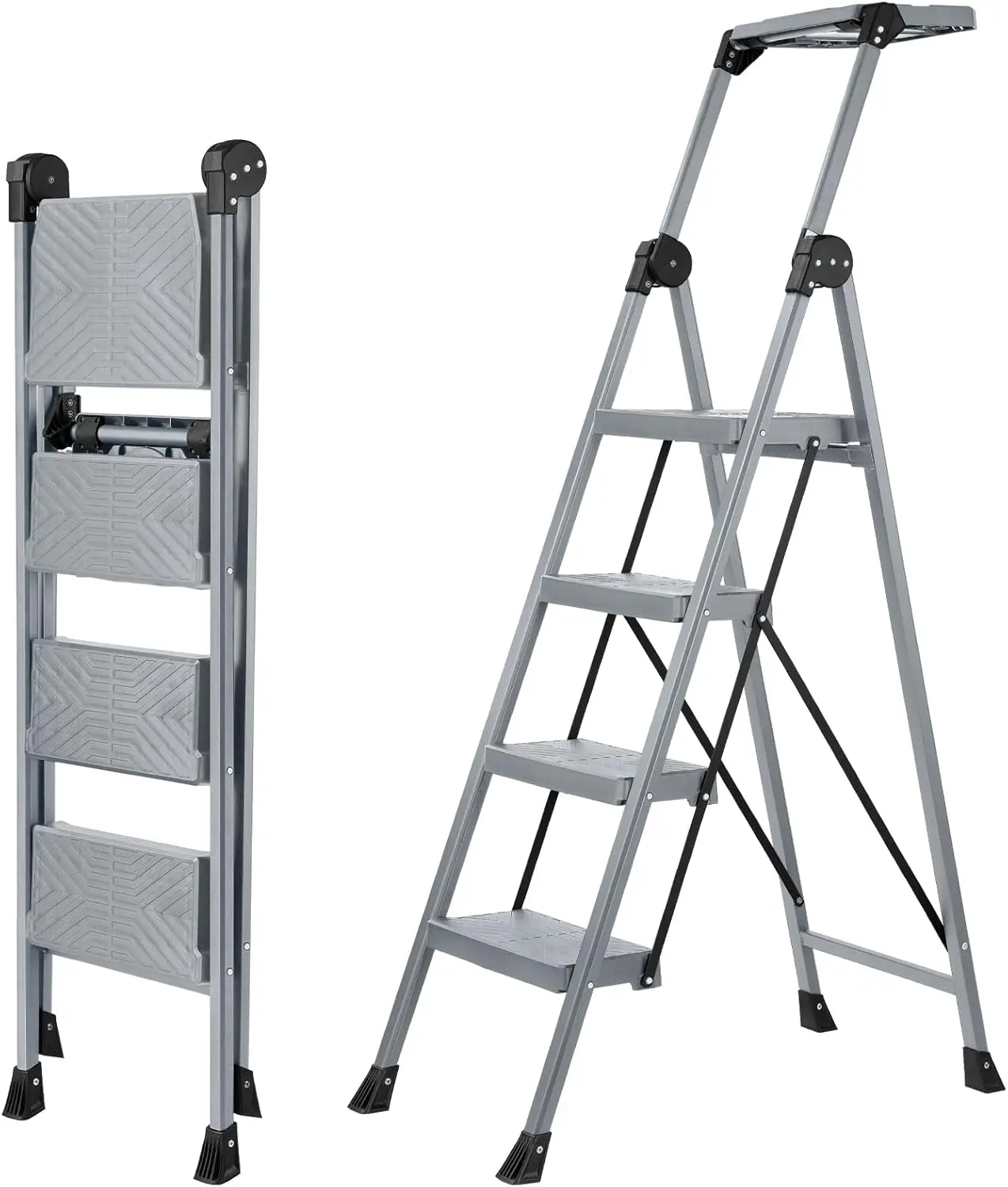

Foldable 4-Step Ladder with Handrails & Tray, Heavy Duty 660 lbs Capacity, Sturdy Steel for Kitchen and Home Use