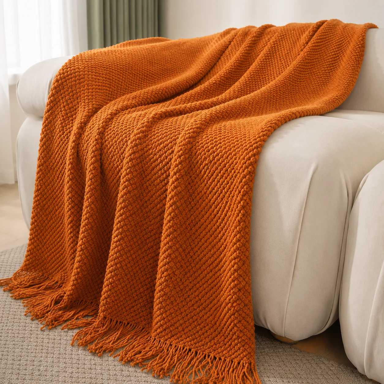 Burnt Orange Herringbone Textured Knit Throw Blanket with Tassel Fringe, Soft Knitted Decorative Blanket, Lightweight Cozy Cover for Couch Sofa Bed, Boho Farmhouse Home Decor for Living Room Bedroom