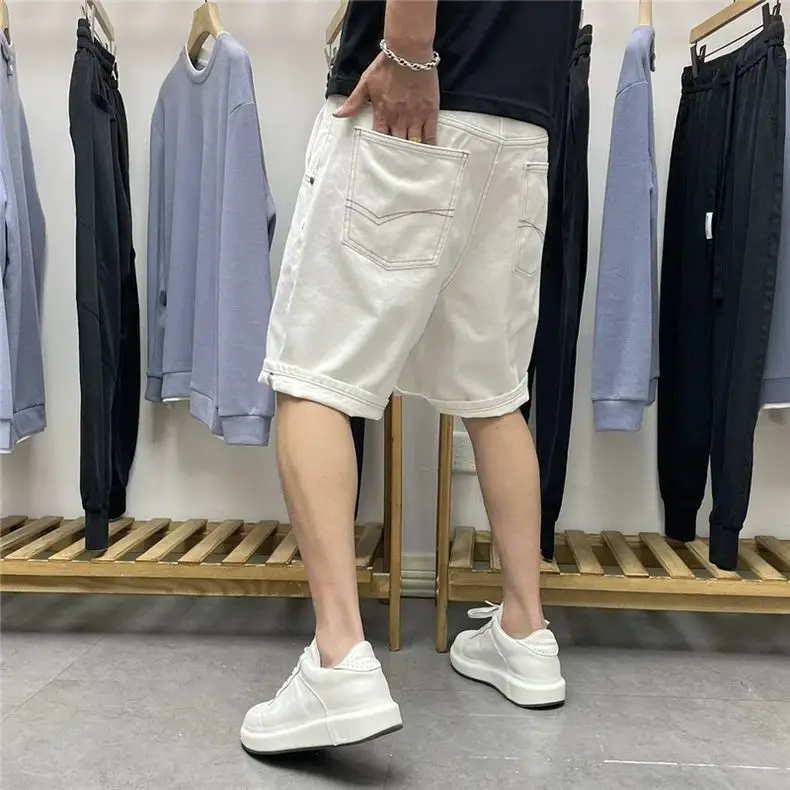 Men's Medium Long White Denim Shorts American Style Loose Straight Leg for Casual All-Match Summer Wear