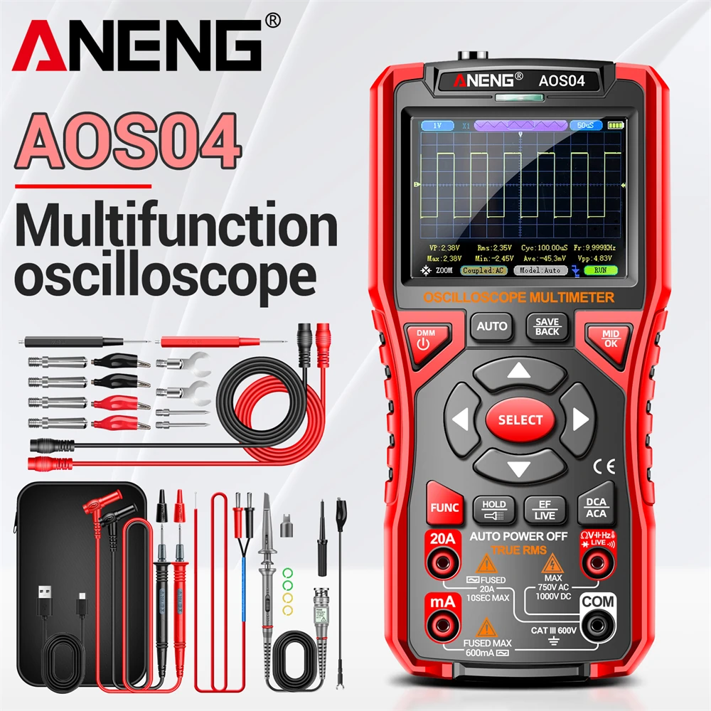 

Digital Oscilloscope ANENG AOS04 AC/DC Tester USB Charging 50MS/s Sample VA Reverse Multimeter Bandwidth Waveform Storage Tool