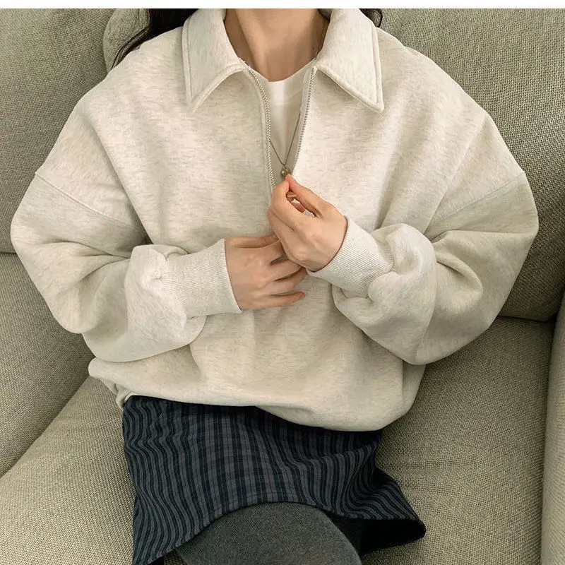 Korean Style Oversized Hoodies Women Kpop Fashion Zipper Up Warm Fleece Sweatshirt Woman Autumn Winter Plush Casual Pullover