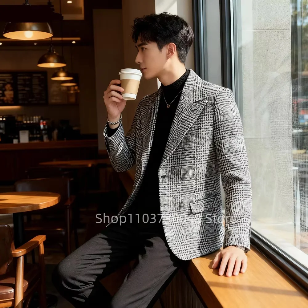 

Повседневный однобортный пиджак в клетку, приталенный, с узором «гусиная лапка», для свадьбы, для жениха, модный костюм, пиджак-смокинг, один предмет гардероба