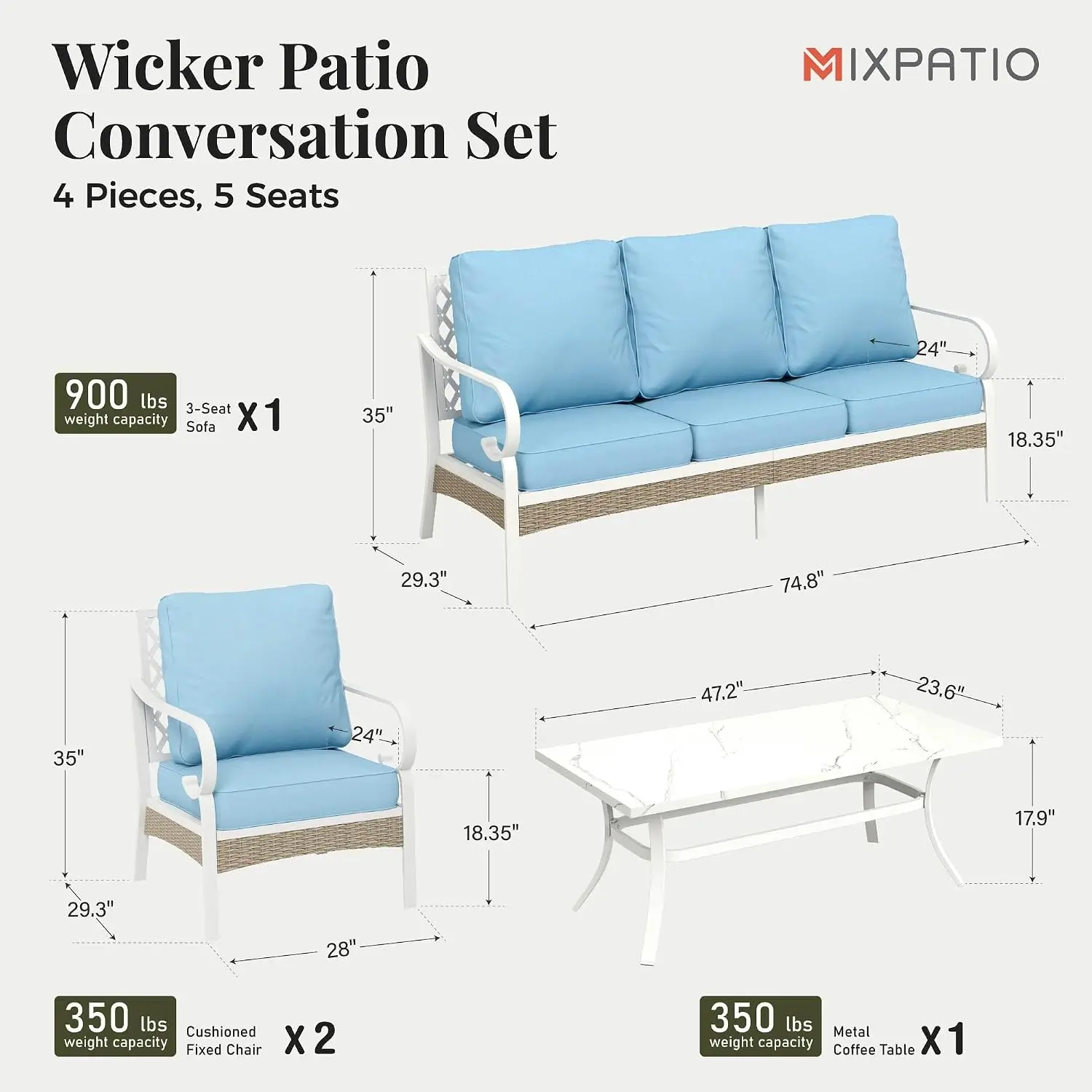 5-Seat Metal Outdoor Patio Conversation Furniture Set with Fixed Chairs, Customized