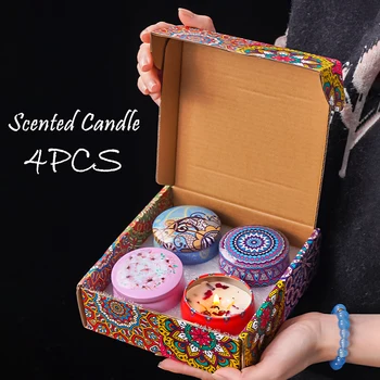 4Pcs/Box Scented Long Lasting Smokeless Fragrance Candle Jar Soy Candles Crystal Stone…