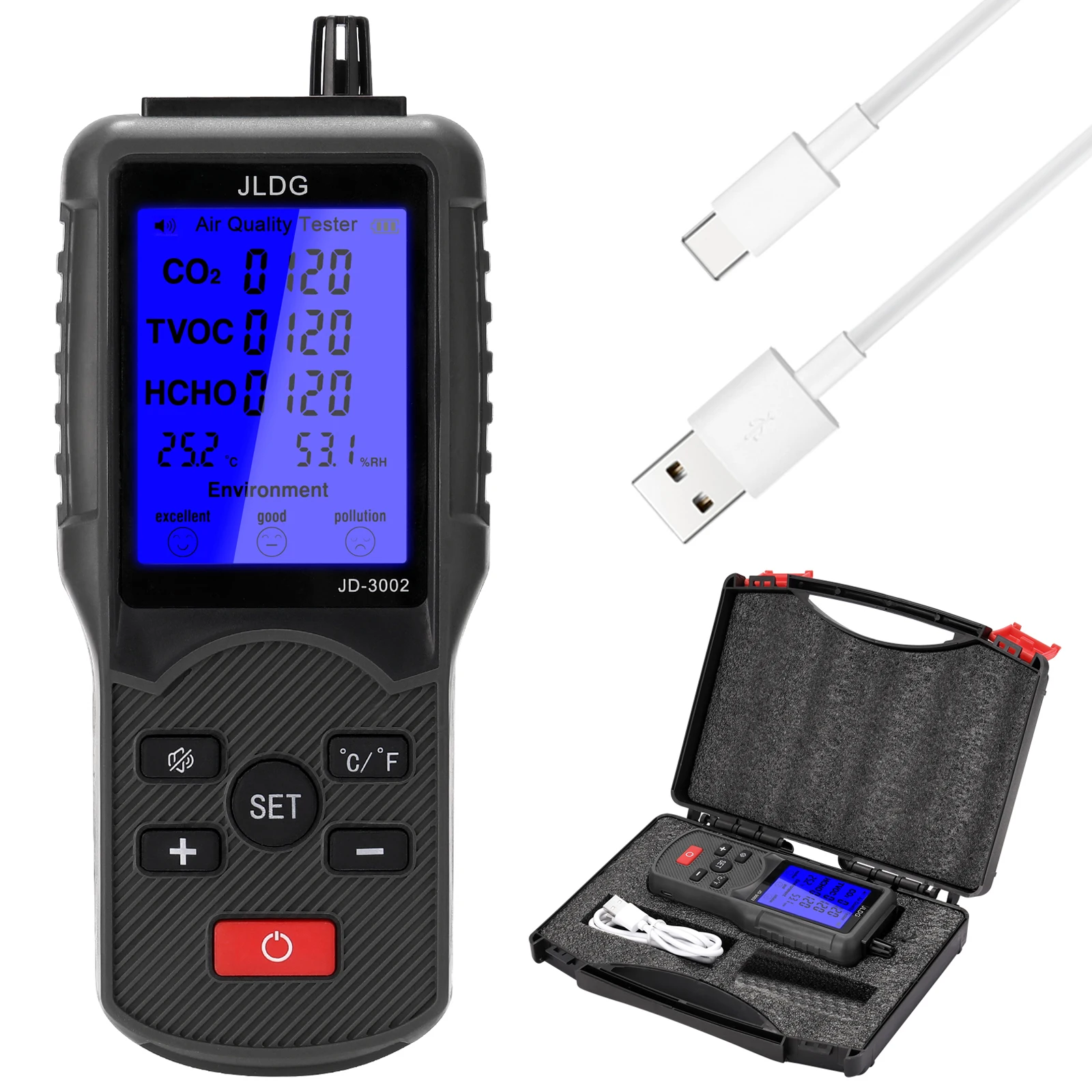 JD-3002 6 in 1 Multifunctional Air Quality Analyzer CO2 HCHO TVOC Temperature Humidity Meter Air Quality Detector Meter