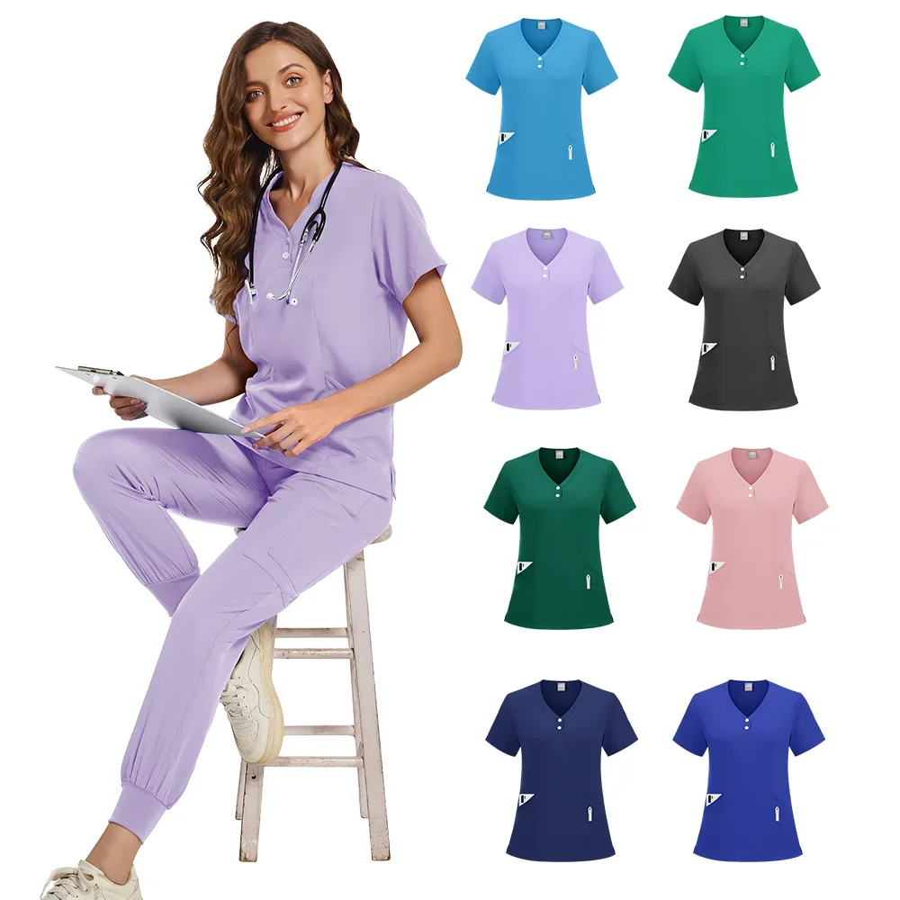 Precio al por mayor de fábrica, conjuntos de uniformes de enfermería, cintura elástica de varios colores, ropa de enfermería médica personalizada para mujeres