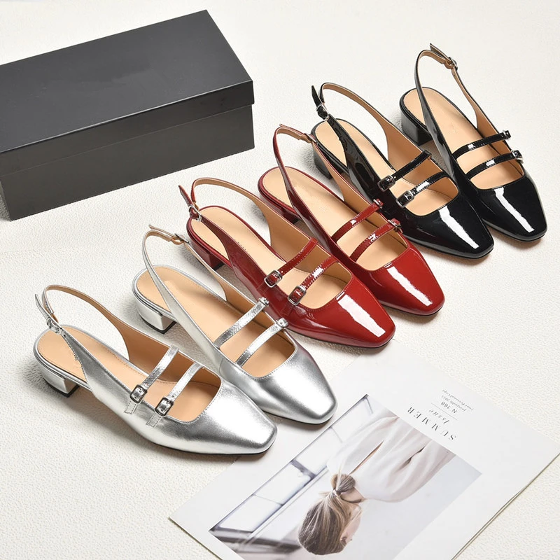 

Dave&di Minimalist Leather Square Toe Mary Jane Shoes Woman Single Strap Empty Back Sandals Retro French Summer Women's Shoes