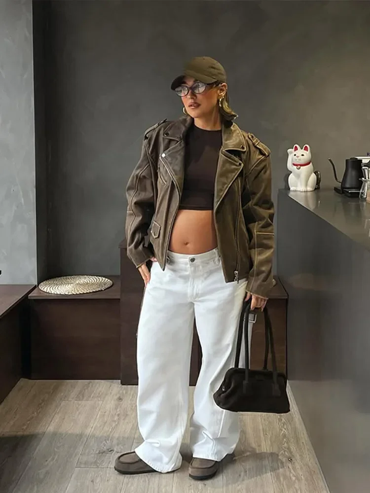 Moda sólida lapela jaqueta de couro curto feminino manga cheia bolsos com zíper casaco solto senhora 2025 outono diário deslocamento rua wear