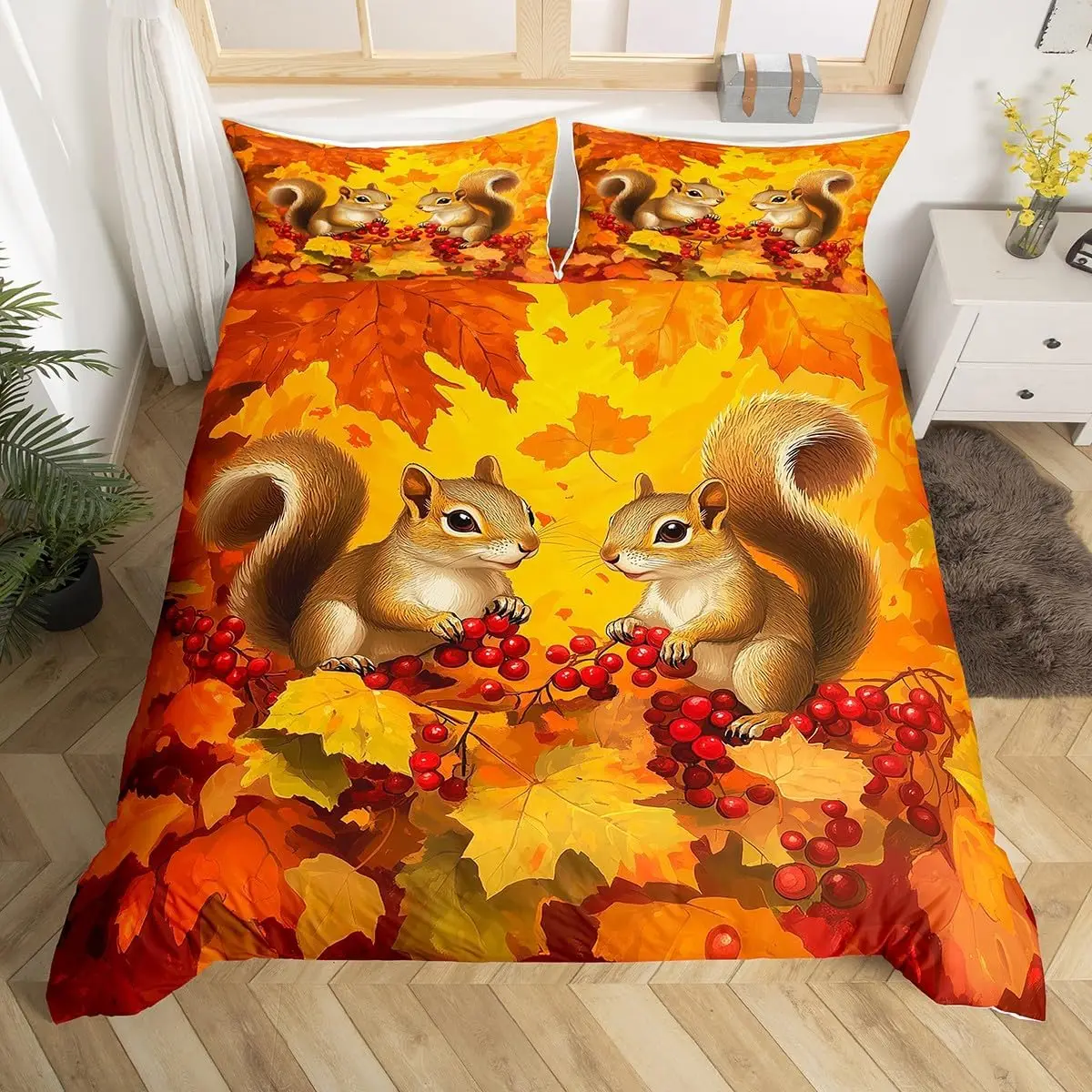 Cute Squirrel Duvet Cover Cherry Blossom Print Bedding Set for Boys Girls Thanksgiving Day Gift Cartoon Squirrel Comforter Cover