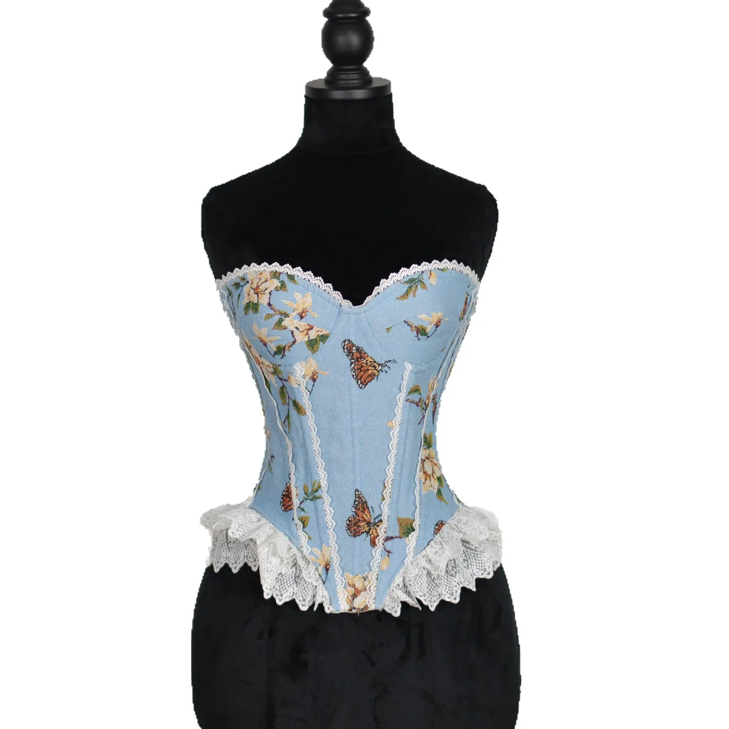 

Lace Corsets Sexy Bra Cup Women Elegant Vintage Print Blue Bustier Tops Victorian Overbust Lingerie Sleeveless Gothic Corselet