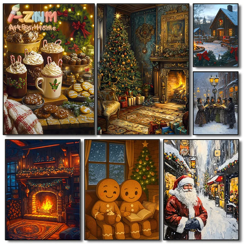 AZNM Warm Vintage Christmas Canvas Wall Art Santa Gingerbread Man Fireplace Snowy Winter Town Scene Oil Painting Festive Holiday