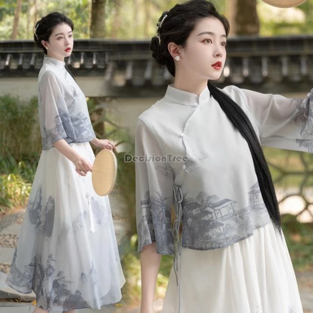 

2025 new chinese retro style hanfu tang suit set ink-wash printing improved loose stand collar blouse yarn skirt two-piece set