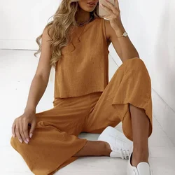 Spring Summer Solid Two Piece Sets Women Cotton Linen Set Casual Sleeveless O-neck Crop Top Wide Straight Pants Suits