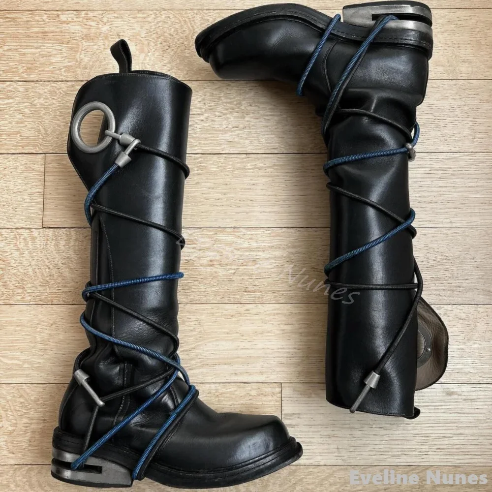 Wire Entanglement Black Leather Knee High Boots Women Round Toe Metal Heel Slip On Biker Boots Autumn New Unique Design Boots