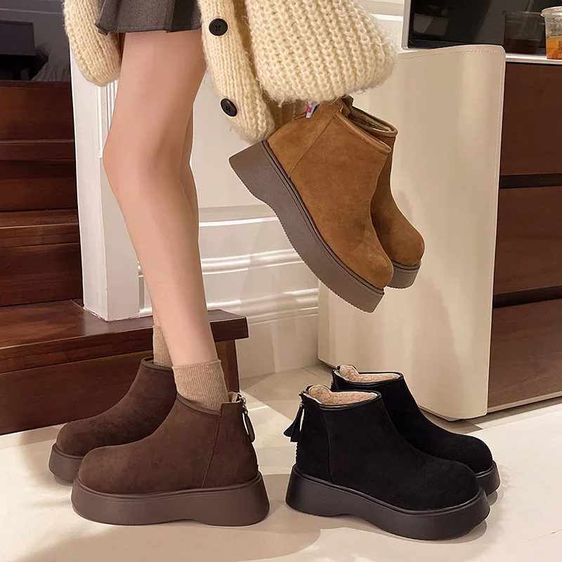 

Women's Short Boots Thick Bottomed Fleece Lined round Toe High Heel Autumn Winter Korean Style Warm Cotton Boots Zipper Back
