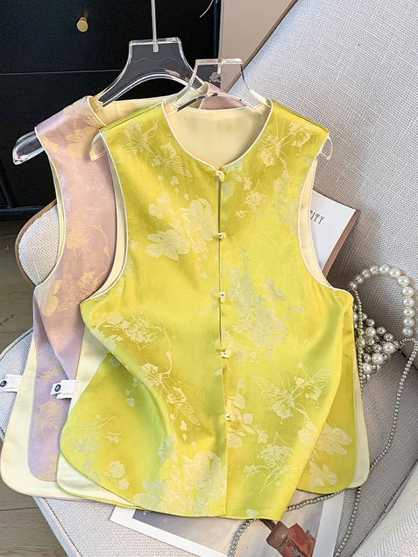 

Retro Chinese Sle Embroidered Satin Vest with Button up Closure Modified Hanfu Outerwear Ethnic Sle Top Women's Faion