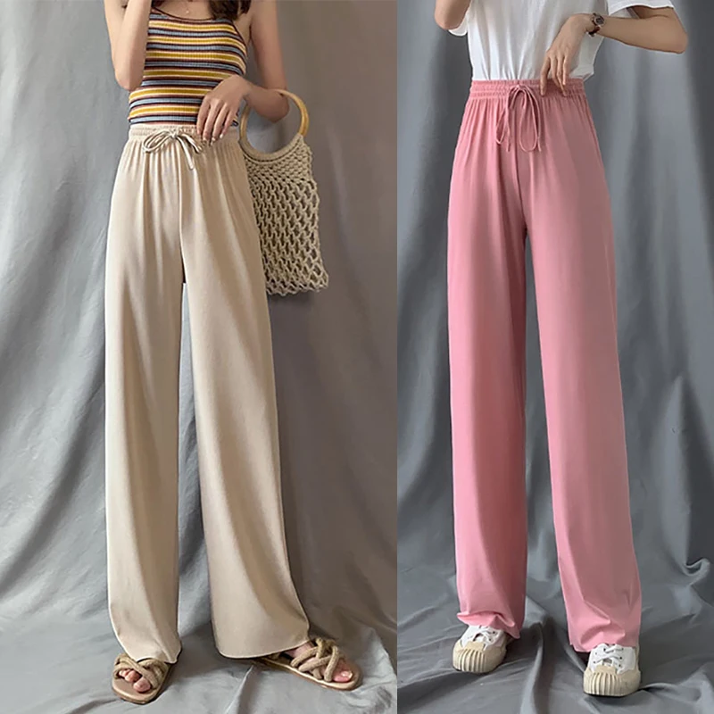 Women Pants New Spring Summer Ice Silk Wide Leg Pants High Waist Casual Female Slim Loose Straight Black Trousers