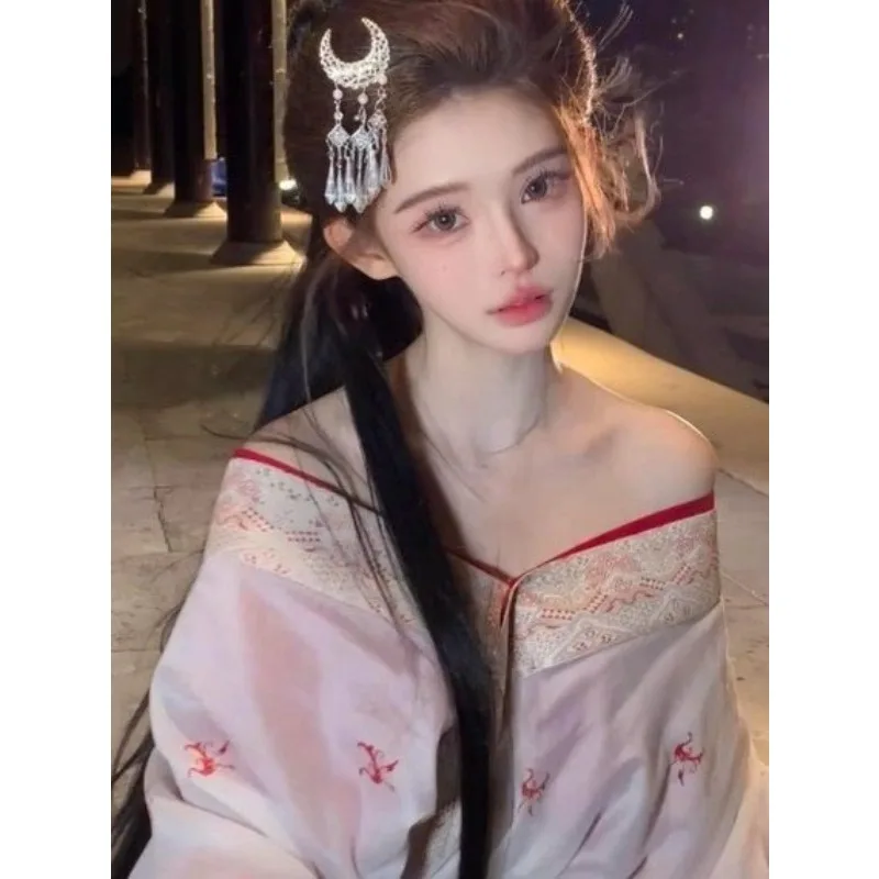 Warring States period trailing straight fairy gas printing white ancient costume Hanfu ancient style