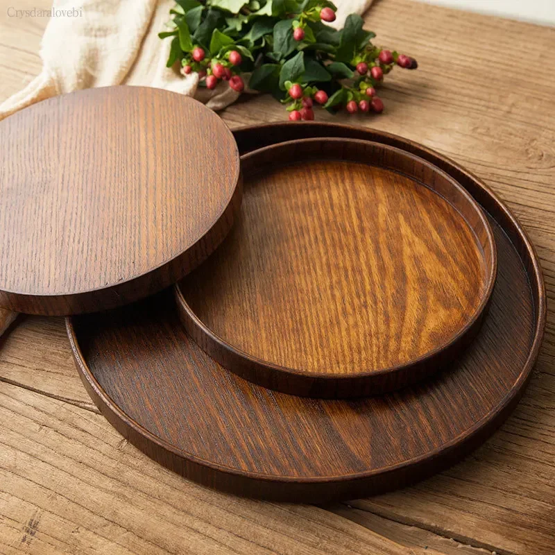Round Natural Wood Serving Tray Wooden Plate Tea Food Server Dishes Water Drink Platter Food Bamboo Rectangular