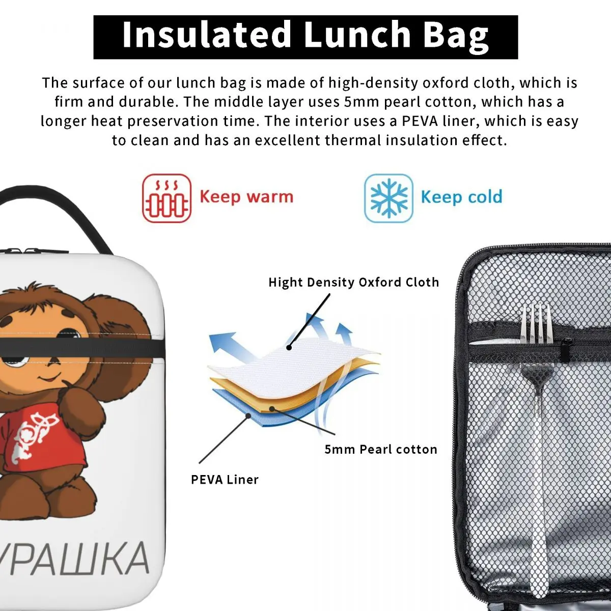 Cheburashka Monkey Thermal Insulated Lunch Bag Office Portable Bento Box Cooler Thermal Food Box